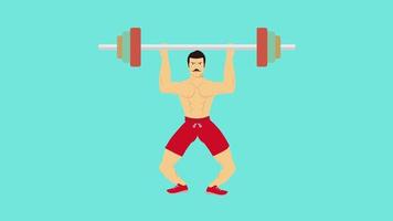 homme musclé faisant de l'exercice avec animation barbell 4k. bodybuilder soulevant une barre lourde avec des images de visage en colère. animation de personnage plat avec une barre, un boxer rouge et une moustache. video