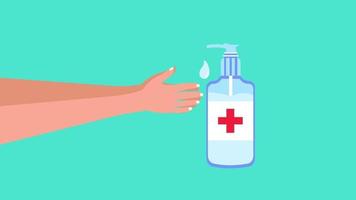 Using a sanitizer dispenser to prevent covid-19 infections 4K animation. Man using sanitizer to wash his hand concept 4K footage. Sanitizer bottle with medical icon and hands with foam animation. video