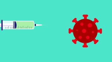 usando una jeringa para vacunar la animación 4k del virus covid-19. dar una vacuna a un virus rojo para prevenir infecciones Imágenes de 4k. matando coronavirus con un video animado de jeringa de vacuna.