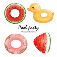 Watercolor pool party with inflatable. vector illustration