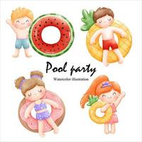 Watercolor pool party with cute children. vector illustration