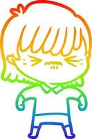 rainbow gradient line drawing annoyed cartoon girl vector