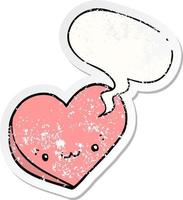 cartoon love heart and face and speech bubble distressed sticker vector