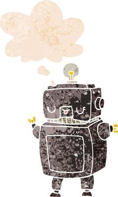 cartoon robot and thought bubble in retro textured style