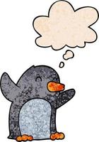 cartoon excited penguin and thought bubble in grunge texture pattern style vector