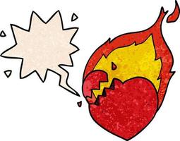 cartoon flaming heart and speech bubble in retro texture style vector