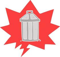 cartoon old metal garbage can and speech bubble in retro style vector