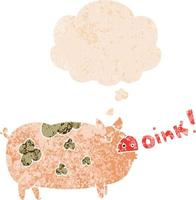 cartoon oinking pig and thought bubble in retro textured style vector