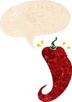 cartoon chili pepper and speech bubble in retro textured style vector