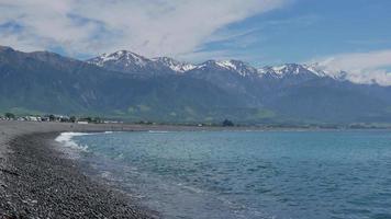 witte wolk blauwe lucht ochtend op kaikoura strand met zwarte steen. video