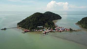 Aerial view Pulau Aman traditional Malay village. video