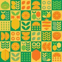 Abstract artwork of lemon fruit icon symbol. Simple vector art, geometric illustration of colorful citrus, oranges, limes, lemonade and leaves. Minimalist flat modern seamless pattern design.