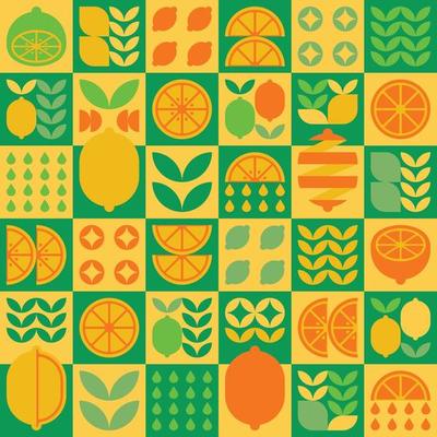 Abstract artwork of lemon fruit icon symbol. Simple vector art, geometric illustration of colorful citrus, oranges, limes, lemonade and leaves. Minimalist flat modern seamless pattern design.