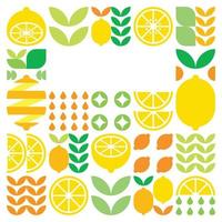 Minimalist flat vector frame, lemon fruit icon symbol. Simple geometric illustration of citrus, oranges, lemonade and leaves. Abstract design on black background. For copy space, social media posts.