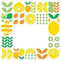Minimalist flat vector frame, lemon fruit icon symbol. Simple geometric illustration of citrus, oranges, lemonade and leaves. Abstract design on black background. For copy space, social media posts.