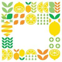 Minimalist flat vector frame, lemon fruit icon symbol. Simple geometric illustration of citrus, oranges, lemonade and leaves. Abstract design on black background. For copy space, social media posts.