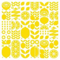 Abstract artwork of lemon fruit pattern icons. Simple vector art, geometric illustration of citrus, orange, lime, lemonade and leaves silhouettes. Minimalist flat modern design on white background.
