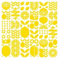 Abstract artwork of lemon fruit pattern icons. Simple vector art, geometric illustration of citrus, orange, lime, lemonade and leaves silhouettes. Minimalist flat modern design on white background.