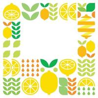 Minimalist flat vector frame, lemon fruit icon symbol. Simple geometric illustration of citrus, oranges, lemonade and leaves. Abstract design on black background. For copy space, social media posts.