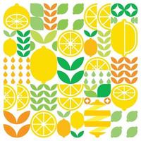 Abstract artwork of lemon fruit symbol icon. Simple vector art, geometric illustration of colorful citruses, oranges, limes, lemonade and leaves. Minimalist flat modern design on white background.