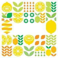 Minimalist flat vector frame, lemon fruit icon symbol. Simple geometric illustration of citrus, oranges, lemonade and leaves. Abstract design on black background. For copy space, social media posts.