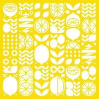 Abstract artwork of lemon fruit pattern icons. Simple vector art, geometric illustration of citrus, orange, lime, lemonade and leaves silhouettes. Minimalist flat modern design on yellow background.