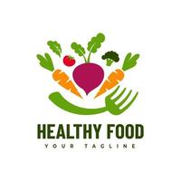 diseño del logo de varias verduras frescas, zanahorias, repollo, tomates con un tenedor, como una sonrisa vector
