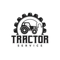diseño del logotipo del tractor. servicio de reparación y mantenimiento de la máquina del tractor con ilustración vectorial del logotipo de bloqueo