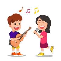 little girl sings a song accompanied by a guitar player vector