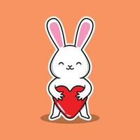vector illustration of cute white rabbit hugging heart