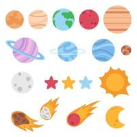 Flat vector solar system objects isolated on a white background. Planets, asteroids, comet, stars, sun and moon.