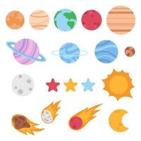 Flat vector solar system objects isolated on a white background. Planets, asteroids, comet, stars, sun and moon.