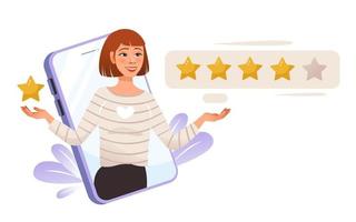 Feedback. A girl giving five stars. Positive feedback. The concept of customer service and user experience. Flat vector illustration