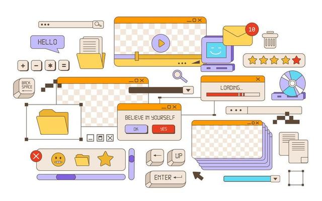Browser windows in the vaporwave style of the 80-90s. Desktop PC with message windows and pop-up user interface elements. Old user interface. Vector illustration