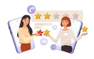 Feedback. People rate the app and leave a positive review. The concept of customer service and user experience. Flat vector illustration