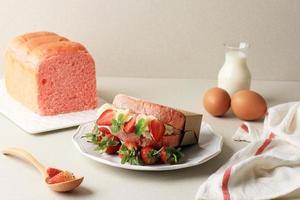 Korean Pink Bread SAndwich  with Cream and Fresh Strawberry photo