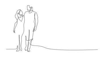 one line drawing of couple walking leisure romantic scene view vector illustration