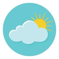 Flat sun behind cloud over blue sky weather icon clipart in animated cartoon vector illustration design