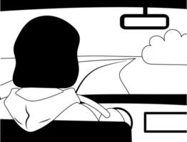 Black and white lines drawing, girl in the car is driving along the road in the field. She looks in the rearview mirror. Traveler on a trip. vector