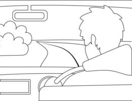 Black and white lines are drawn, a man in a car is driving along a road in a field. She looks in the rearview mirror. Traveler on a trip. vector