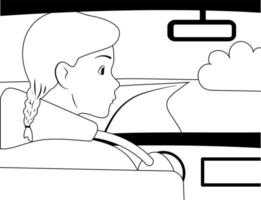 Black and white lines drawing, girl in the car is driving along the road in the field. She looks in the rearview mirror. Traveler on a trip. vector