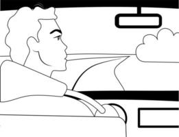 Black and white lines are drawn, a man in a car is driving along a road in a field. She looks in the rearview mirror. Traveler on a trip. vector