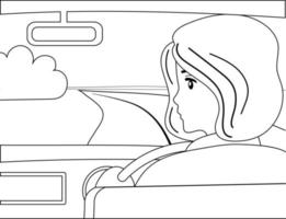 Black and white lines drawing, girl in the car is driving along the road in the field. She looks in the rearview mirror. Traveler on a trip. vector