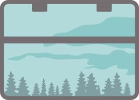 Forest landscape, trees, sky, clouds. View from the train car window. Vector illustration.