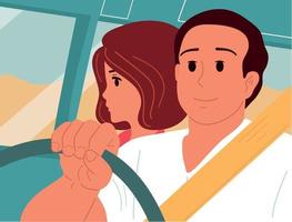 el chico y la chica van en coche de viaje. amor y relaciones. ilustración vectorial. vector