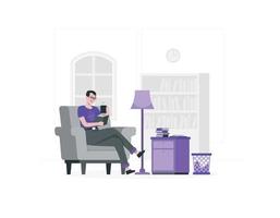 Person reading book, sitting in armchair by window in living room vector