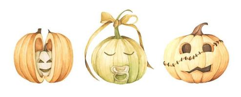 Set of Pumpkins for Halloween. Watercolor illustration. vector