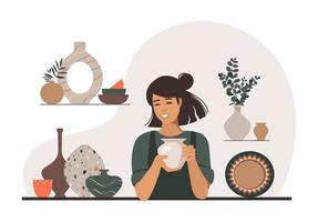 Concept pottery studio. A woman is making a clay vase. Creation of handmade ceramics. Vector illustration.
