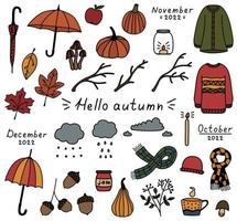 Autumn cozy set of doodle elements. Hand drawn isolated stickers sweaters, cup of tea, umbrellas, leaves, pumpkins, clouds. Cute autumn vector illustration.