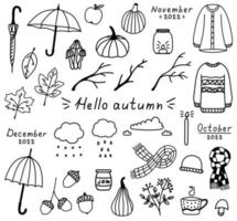Autumn cozy set of doodle elements. Hand drawn isolated sweaters, cup of tea, umbrellas, leaves, pumpkins, clouds. Cute autumn vector illustration.
